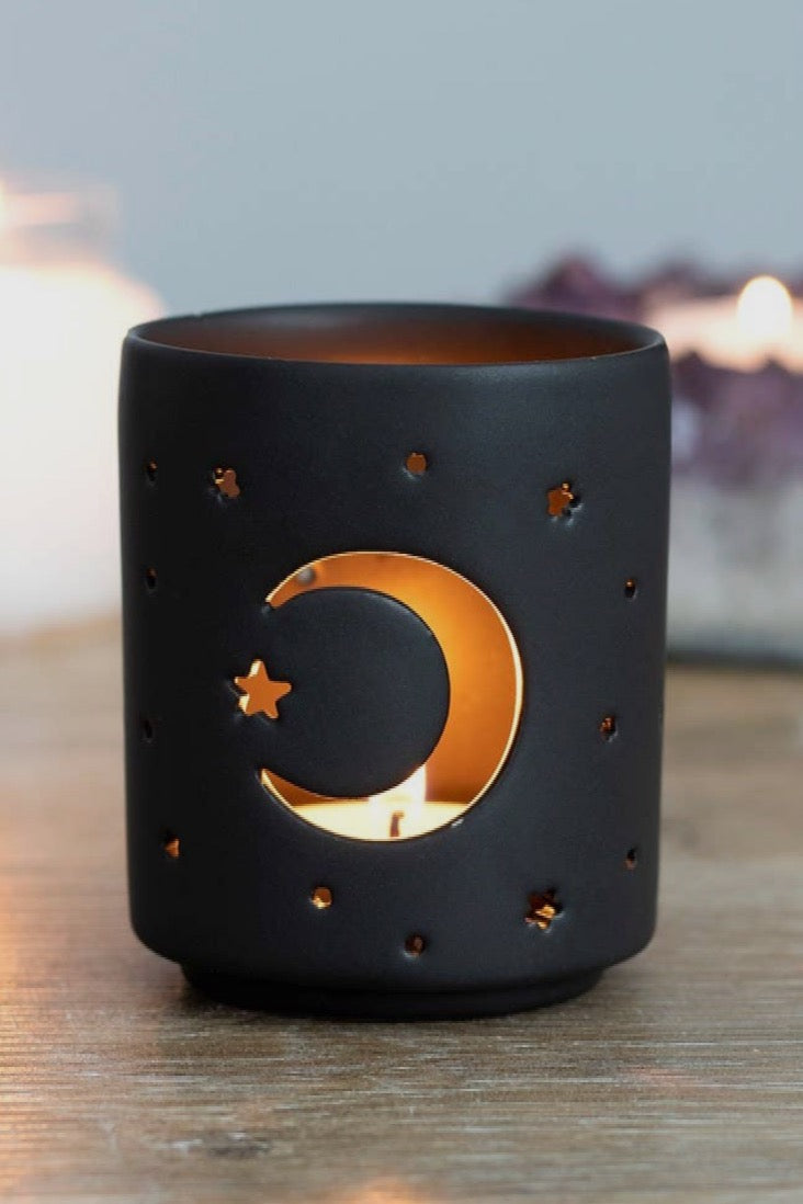 Small Black Mystical Moon Cut Out Tealight Candle Holder