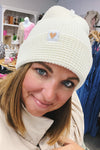 Cream Waffle Beanie with heart