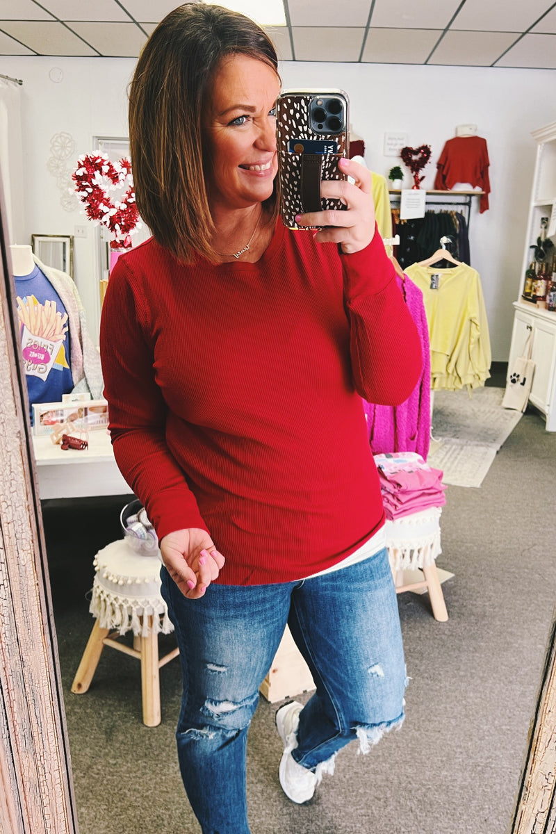 Nell Thermal Knit Basic Top Red