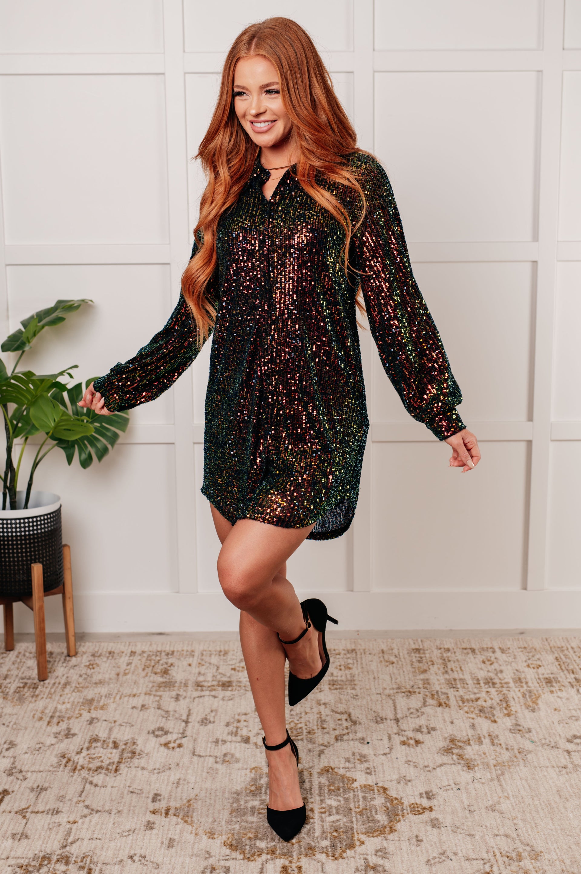 sequin long sleeve shirt dress Shimmering Splendor Sequin Shirt Dress