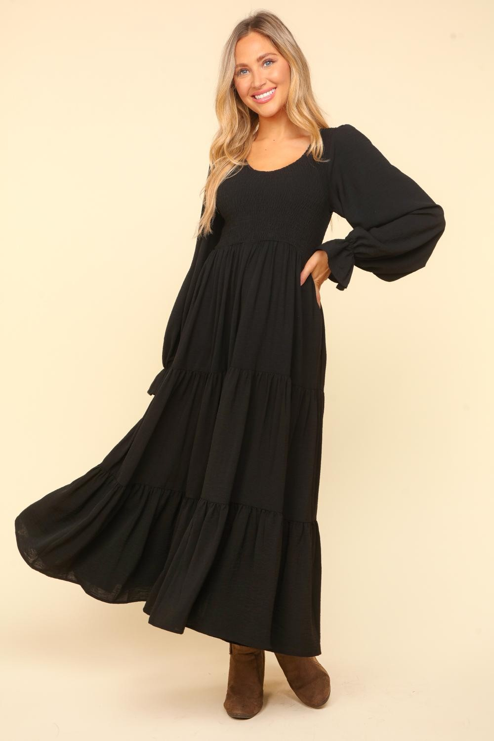 Smocking Maxi Woven Dress with Side Pockets in Black - 2XL Smocking Maxi Woven Dress with Side Pockets in Black - 2XL